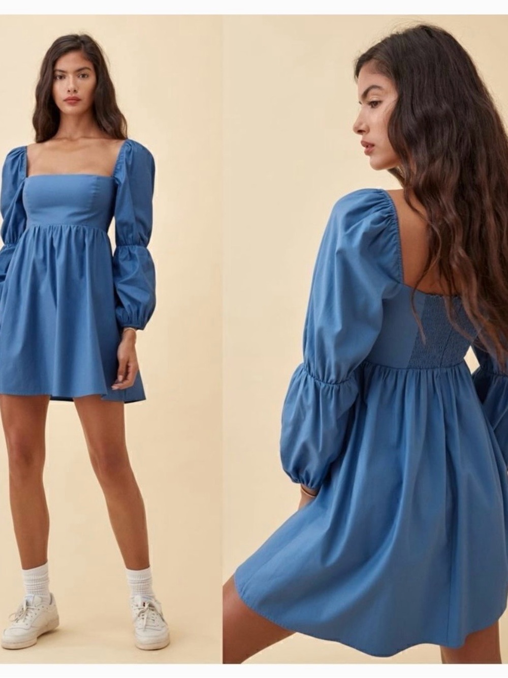 Reformation Blue Mini Dress with Puff Sleeves